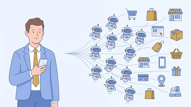 Illustration of a small group of human shoppers next to a swarm of AI agent silhouettes streaming through a marketplace