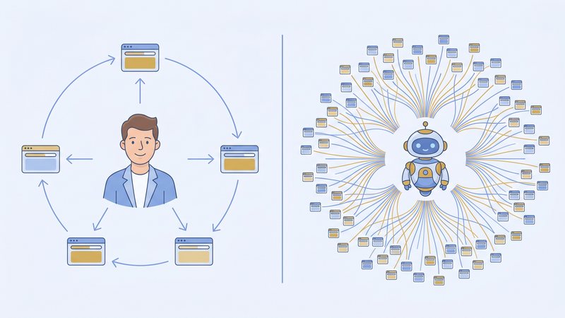Side-by-side illustration: a human shopper surrounded by five website cards on the left, a small AI agent surrounded by a dense starburst of dozens of website cards on the right