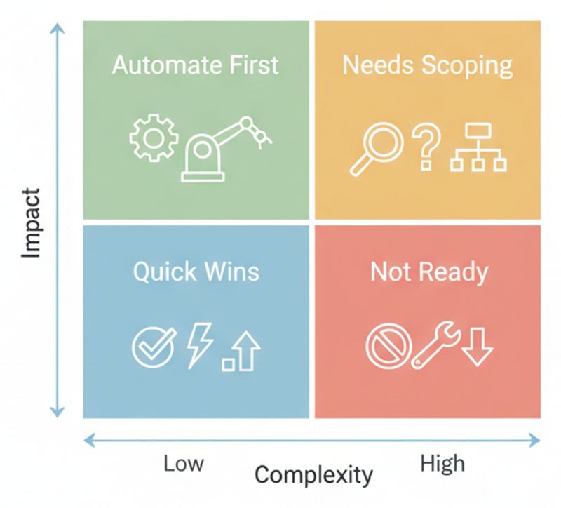 Automation prioritisation matrix with four quadrants: Automate First, Needs Scoping, Quick Wins, and Not Ready