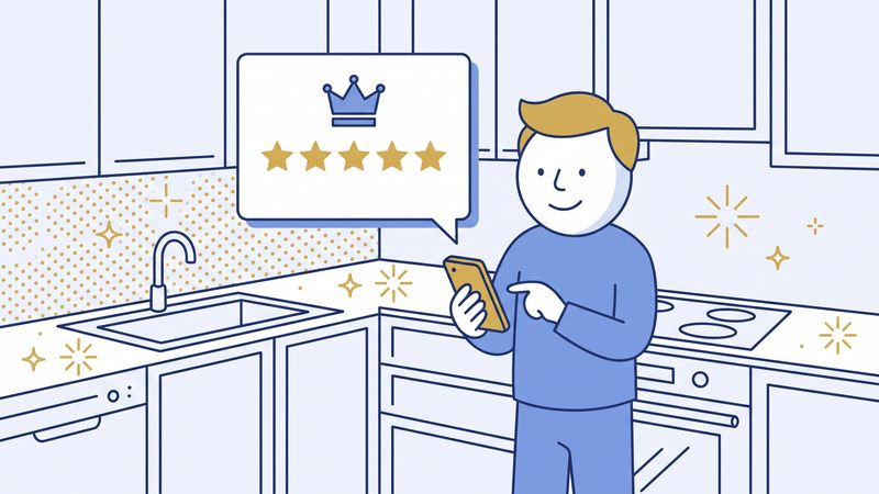 Happy customer leaving a five-star review on her phone in a freshly cleaned kitchen