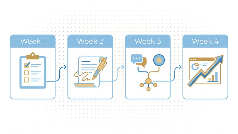 Four-week GEO action plan: Week 1 audit, Week 2 rewrite, Week 3 external work, Week 4 test, shown as labelled cards with icons