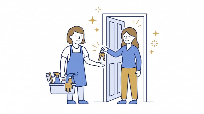 Professional cleaner arriving at a front door with cleaning kit, representing winning new clients for a cleaning business