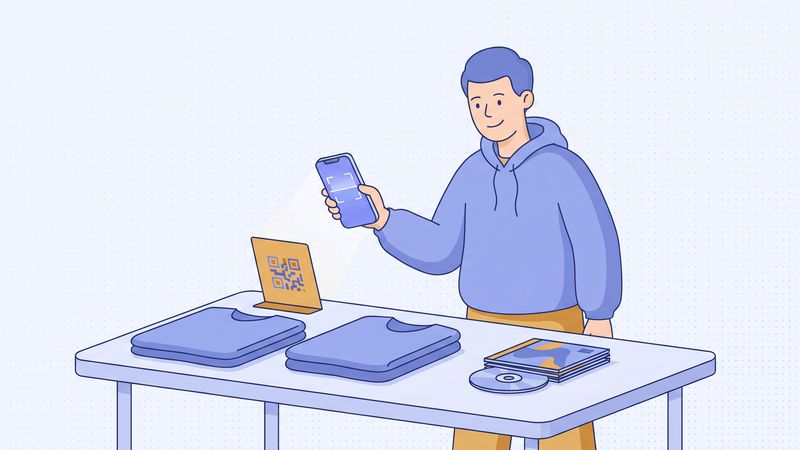 Flat vector illustration of a fan scanning a QR code at a band merch table to join an email list, soft blue and gold palette