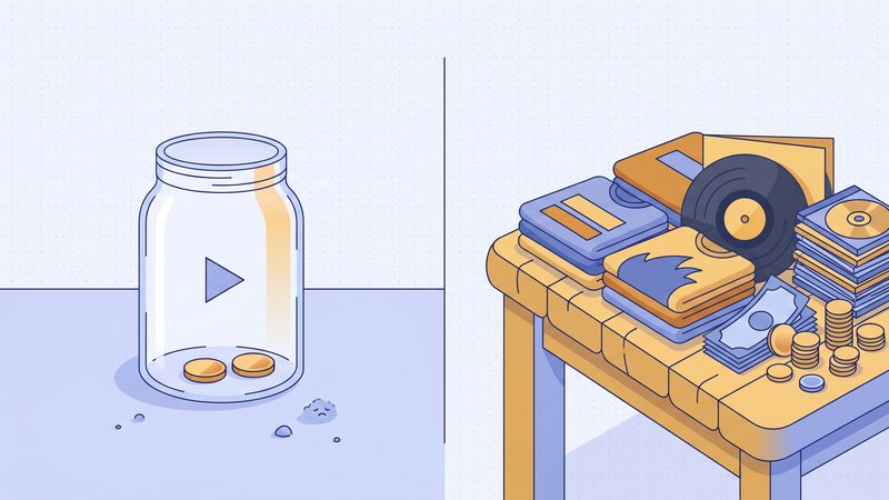 Flat vector illustration comparing a tiny streaming coin to a stack of merch and ticket money on a market stall, soft blue and gold palette
