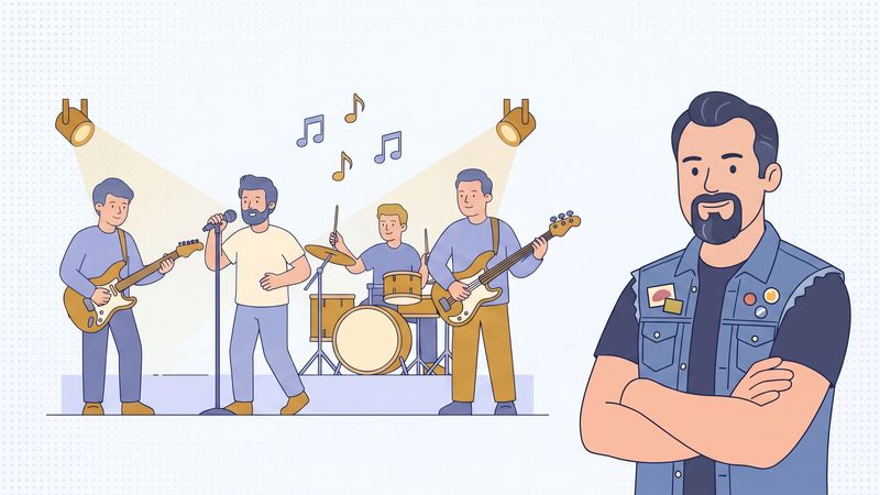 Flat vector illustration of an indie band on a small stage with a marketing consultant looking on, representing how to promote your band