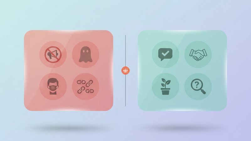 Two glassmorphism cards side by side. The left red card holds icons of pitfalls: a megaphone with a no-entry symbol, a ghost silhouette for shadowbans, a masked user avatar, and link-spam icons. The right mint card holds icons of what works: a chat bubble with a tick, a handshake, a growing plant, and a magnifying glass with a question mark