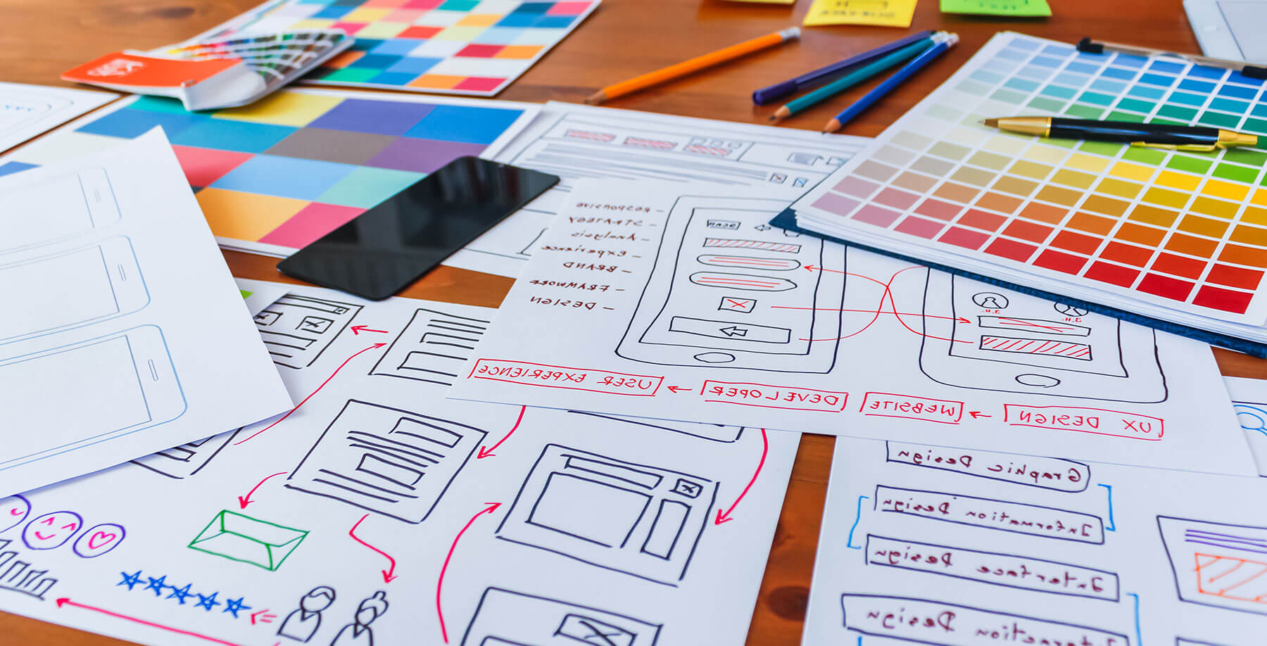 UX and UI design wireframes and prototypes on a desk representing modern product design principles