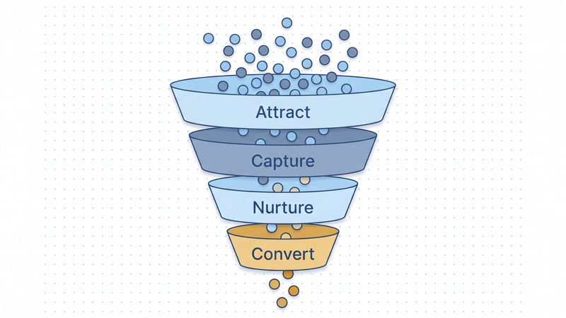 Diagram of the four sales funnel stages: attract, capture, nurture, convert, shown as a narrowing funnel